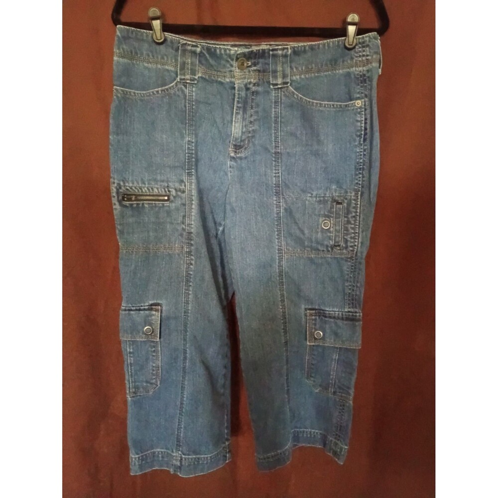Eddie Bauer Womens 10 Denim Cargo Capri Pants Blue Utility Pockets Y2K  Grunge